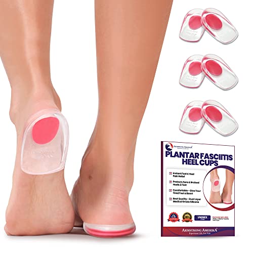 Heel Cups Plantar Fasciitis Inserts - Silicone Pads for Bone Spurs Pain Relief Protectors of Your Sore or Bruised Feet Best Insole Gels Treatment by Armstrong Amerika (Small)