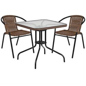 Flash Furniture Lila 28'' Square Glass Metal Table with Dark Brown Rattan Edging and 2 Dark Brown Rattan Stack Chairs