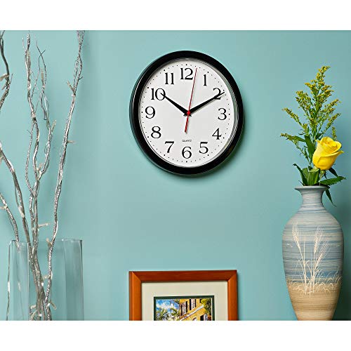 Bernhard Products Black Wall Clock Silent Non Ticking 10 Inch Quality Quartz Battery Operated Round Easy to Read Home/Office/Kitchen/Classroom/School Clock Sweep Movement