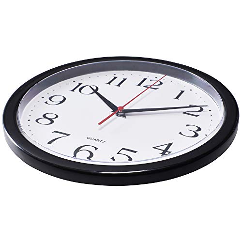 Bernhard Products Black Wall Clock Silent Non Ticking 10 Inch Quality Quartz Battery Operated Round Easy to Read Home/Office/Kitchen/Classroom/School Clock Sweep Movement