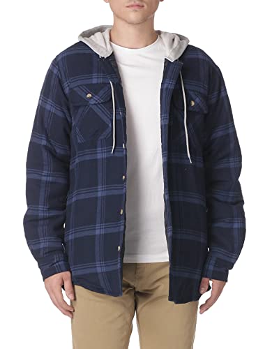 Wrangler Authentics Men's Long Sleeve Quilted Lined Flannel Shirt Jacket with Hood, Navy, Large