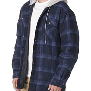 Wrangler Authentics Men's Long Sleeve Quilted Lined Flannel Shirt Jacket with Hood, Navy, Large