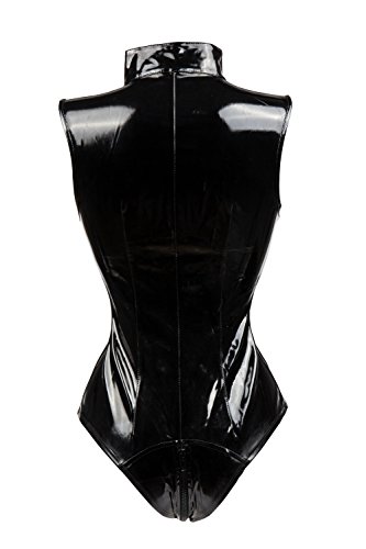 bslingerie Sexy Wet Look PVC Zip Up Clubwear Leather Bodysuit Teddy (Black Teddy, L)