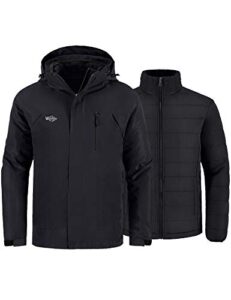 wantdo men's ski jacket winter 3 in 1 coat with detachable puffer coat black m