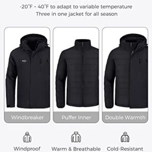 Wantdo Men's Ski Jacket Winter 3 in 1 Coat With Detachable Puffer Coat Black M