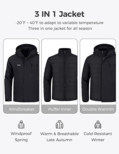 Wantdo Men's Ski Jacket Winter 3 in 1 Coat With Detachable Puffer Coat Black M