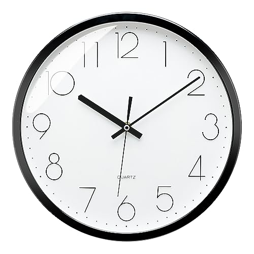 Plumeet Black Wall Clock Non Ticking Silent Quartz Round Clock Decorate Bedroom Home Kitchen Office - Battery Operated (White)