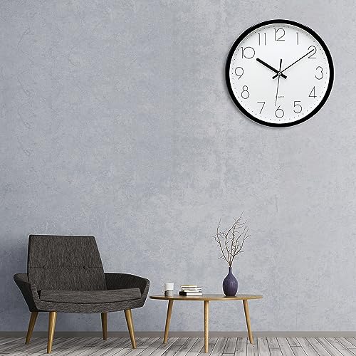 Plumeet Black Wall Clock Non Ticking Silent Quartz Round Clock Decorate Bedroom Home Kitchen Office - Battery Operated (White)