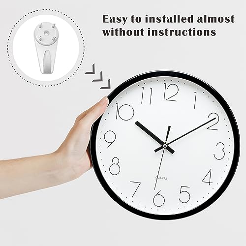 Plumeet Black Wall Clock Non Ticking Silent Quartz Round Clock Decorate Bedroom Home Kitchen Office - Battery Operated (White)