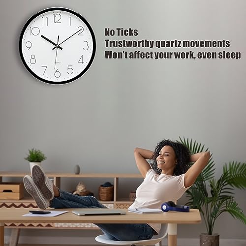 Plumeet Black Wall Clock Non Ticking Silent Quartz Round Clock Decorate Bedroom Home Kitchen Office - Battery Operated (White)