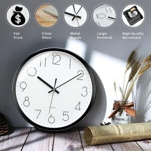 Plumeet Black Wall Clock Non Ticking Silent Quartz Round Clock Decorate Bedroom Home Kitchen Office - Battery Operated (White)