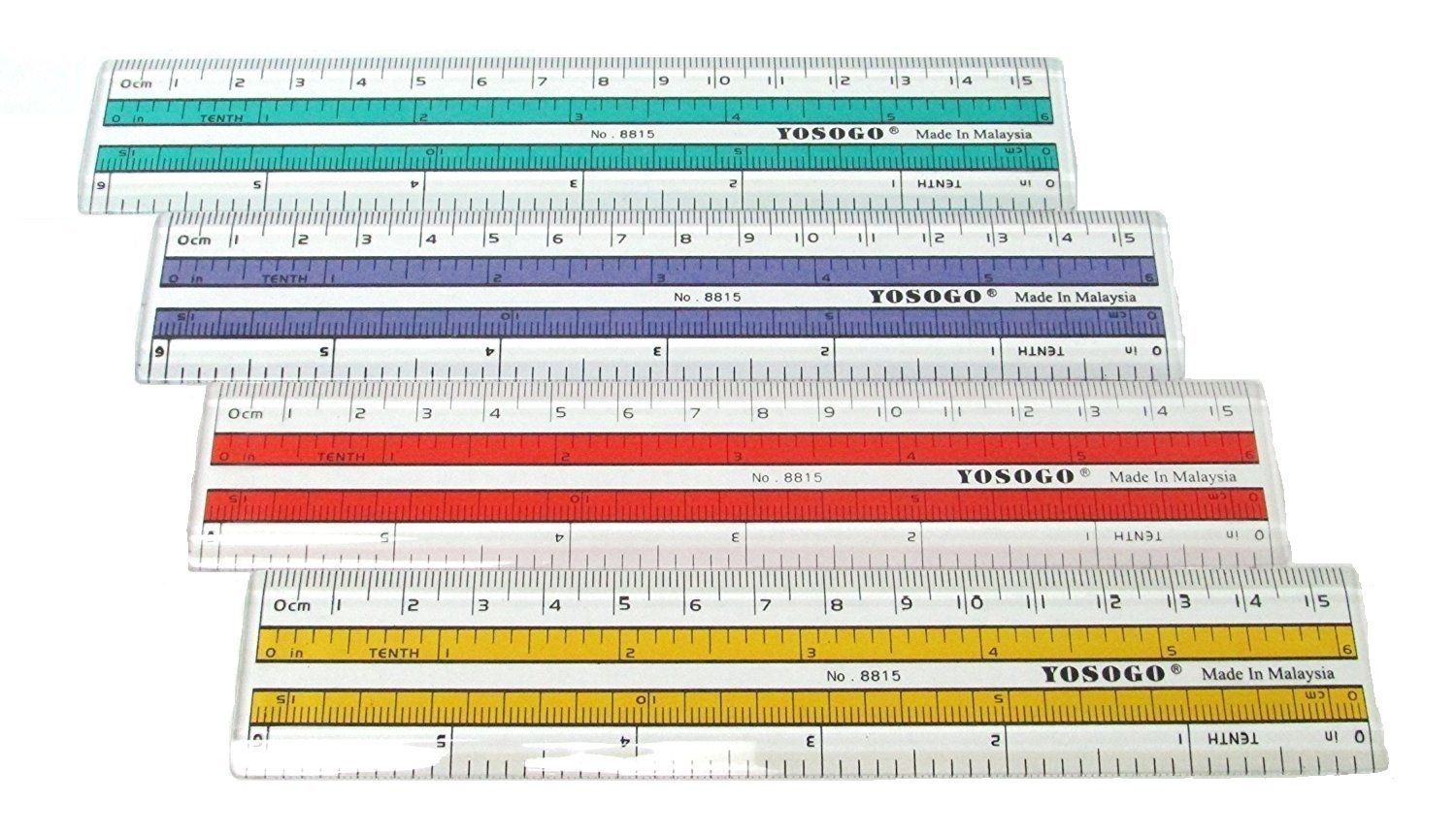 6 inch Rulers | 15 cm Rulers | Transparent Plastic Ruler | Pack of 12 of Premium Quality Rulers | Yellow, Green, Red and Blue