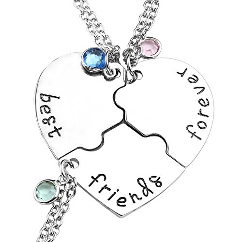 Top Plaza Best Friends Forever and Ever Necklaces for 3 BFF Heart Puzzle Matching Alloy Pendant Necklaces Set Friendship Jewelry for Sisters (Silver)