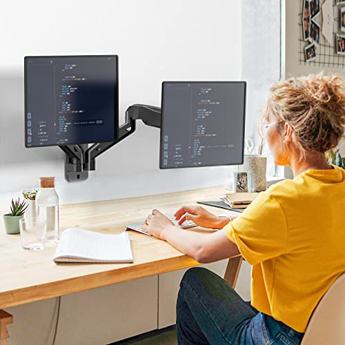 WALI Dual Monitor Wall Mount, Gas Spring Monitor Arm for 2 Screens up to 32 inch, 19.8 lbs. Fully Adjustable Arm Mounting Holes up to 100 x 100 (GSWM002), Black