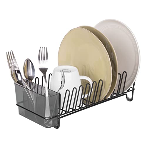 mDesign Steel Compact Modern Dish Drying Rack w/Removable Cutlery Tray, Caddy; Dish Drainer, Dish Rack for Kitchen Counter, Sink; Holds Dishes, Utensil, Board - Concerto Collection - Black/Smoke Gray