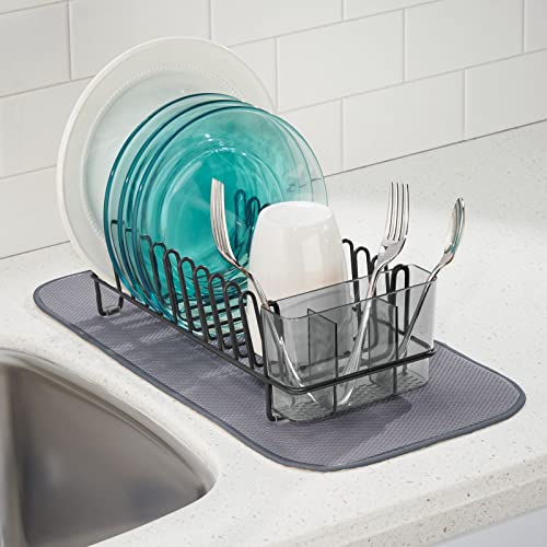 mDesign Steel Compact Modern Dish Drying Rack w/Removable Cutlery Tray, Caddy; Dish Drainer, Dish Rack for Kitchen Counter, Sink; Holds Dishes, Utensil, Board - Concerto Collection - Black/Smoke Gray