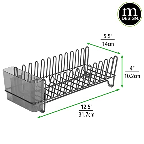 mDesign Steel Compact Modern Dish Drying Rack w/Removable Cutlery Tray, Caddy; Dish Drainer, Dish Rack for Kitchen Counter, Sink; Holds Dishes, Utensil, Board - Concerto Collection - Black/Smoke Gray
