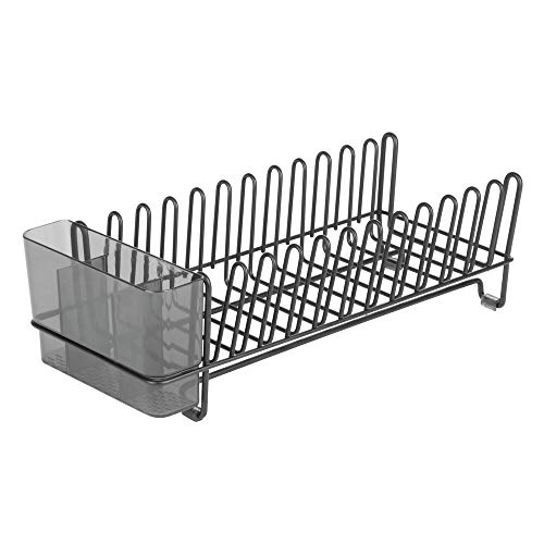 mDesign Steel Compact Modern Dish Drying Rack w/Removable Cutlery Tray, Caddy; Dish Drainer, Dish Rack for Kitchen Counter, Sink; Holds Dishes, Utensil, Board - Concerto Collection - Black/Smoke Gray