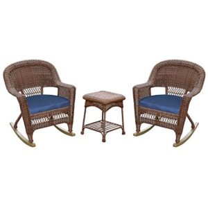 jeco 3 piece rocker wicker chair set with with blue cushion, honey