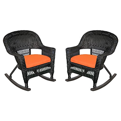 Jeco Rocker Wicker Chair with Orange Cushion, Set of 2, Black