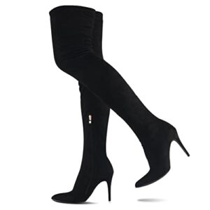 camssoo women's thigh high boots faux suede elasticity heels over the knee boots side zip pointed toe fashion sexy winter stiletto knee high boots black faux suede size us7 eu38