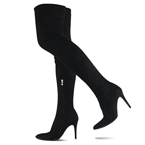 CAMSSOO Women's Thigh High Boots Faux Suede Elasticity Heels Over The Knee Boots Side Zip Pointed Toe Fashion Sexy Winter Stiletto Knee High Boots Black Faux Suede Size US7 EU38