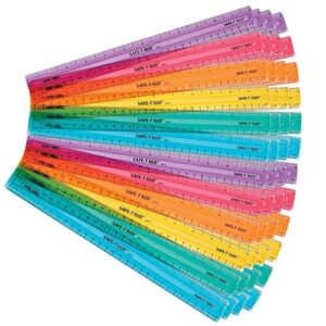 hand2mind 12 inch multicolored, transparent, semiflexible safe-t plastic rulers, rainbow clear rulers for kids, flexible ruler, rulers for school, unbreakable rulers, straight edge ruler (pack of 48)