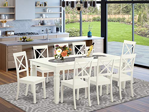 East West Furniture LGBO9-LWH-W 9 Piece Kitchen Table & Chairs Set Includes a Rectangle Table with Butterfly Leaf and 8 Dining Room Chairs, 42x84 Inch, Linen White