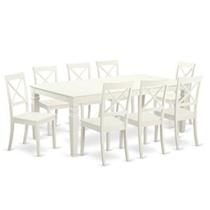 East West Furniture LGBO9-LWH-W 9 Piece Kitchen Table & Chairs Set Includes a Rectangle Table with Butterfly Leaf and 8 Dining Room Chairs, 42x84 Inch, Linen White