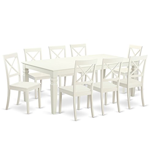 East West Furniture LGBO9-LWH-W 9 Piece Kitchen Table & Chairs Set Includes a Rectangle Table with Butterfly Leaf and 8 Dining Room Chairs, 42x84 Inch, Linen White