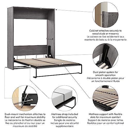 Bestar, Cielo Collection, Queen Murphy Bed with Built-in LED Lights (Bark Grey & White)