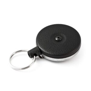 key-bak original sd retractable keychain with a 36" retractable cord, black front, steel belt clip, 13 oz. retraction, split ring