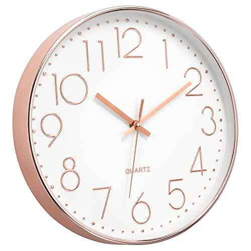 Foxtop Modern Wall Clock 12 Inch Non-Ticking Silent Battery Operated Round Quartz Rose Gold Wall Clock for Office Bedroom Living Room Kitchen Home School Decor