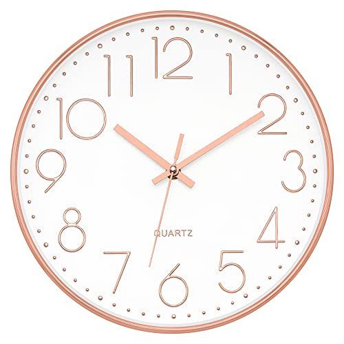 Foxtop Modern Wall Clock 12 Inch Non-Ticking Silent Battery Operated Round Quartz Rose Gold Wall Clock for Office Bedroom Living Room Kitchen Home School Decor