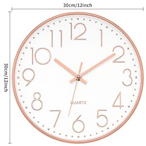 Foxtop Modern Wall Clock 12 Inch Non-Ticking Silent Battery Operated Round Quartz Rose Gold Wall Clock for Office Bedroom Living Room Kitchen Home School Decor