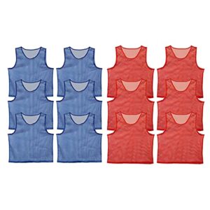 get out! set of 12 scrimmage vest pinnies for teen/adult in red and blue – nylon mesh jerseys for any sport