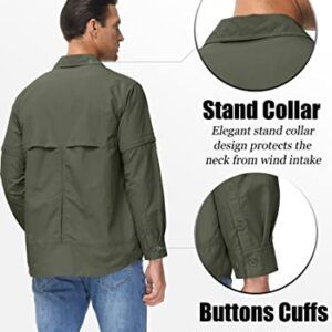 TACVASEN Men's Quick Dry UV Protection Zipper Convertible Long Sleeve Shirt,Green,Large