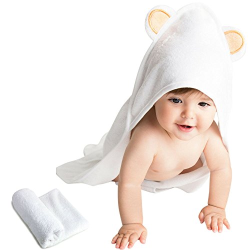 Bamboo Baby Hooded Bath Towel and Washcloth Set for Sensitive Skin, Natural Eco-Friendly 30 x 30 inch Soft Absorbent Towel for Babies, Toddlers, Infants, Little Kids