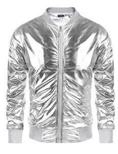 coofandy mens metallic nightclub varsity jacket shiny button zip-up baseball bomber for party,disco,dance,silver,medium