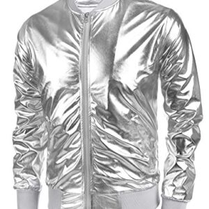 Coofandy Mens Metallic Nightclub Varsity Jacket Shiny Button Zip-up Baseball Bomber For Party,Disco,Dance,Silver,Medium