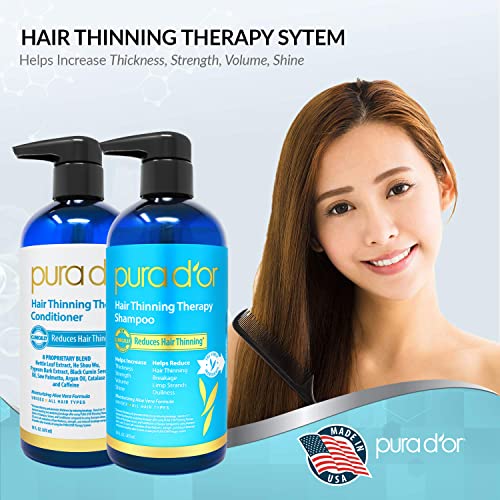 PURA D'OR Hair Thinning Therapy Biotin Shampoo and Conditioner Set, CLINICALLY TESTED Proven Results, DHT Blocker Hair Thickening Products For Women & Men, Natural Routine Shampoo, Color Safe, 16oz x2