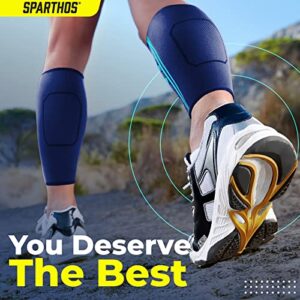 Sparthos Calf Compression Sleeves (Pair) – Leg Compression Socks for Men and Women – Shin Splint Calf Pain Relief Medical Leg Pain and Cramps Recovery Varicose Veins (Blue-M)