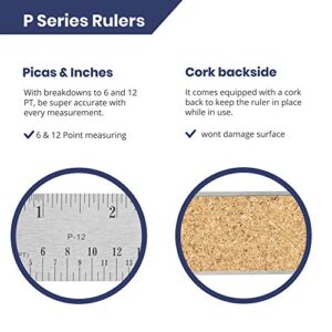 Pacific Arc Stainless Steel Ruler with Inch and Pica Measurements, 6 Inches Cork Backed