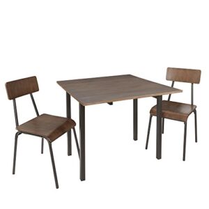 silverwood owen 3-piece industrial wood and metal dining set table and chairs, 36" x 36" x 30", brown