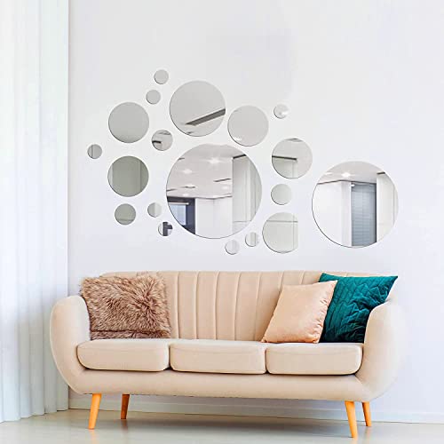 32 Pieces Mirror Wall Stickers Removable Acrylic Mirror Setting Adhesive Round Circle Mirror Tiles Decals for Home Living Room Bedroom Decor (Small Size)