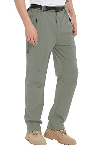 TBMPOY Men's Outdoor Lightweight Windproof Belted Quick-Dry Hiking Pants Thin Sage Green L
