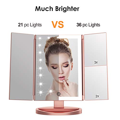 WEILY Lighted Vanity Makeup Mirror 1x/2x/3x Magnification Trifold with 36 LED Lights Touch Screen and USB Charging, 180 Degree Adjustable Stand for Countertop Cosmetic Makeup Mirror(Rose Gold)