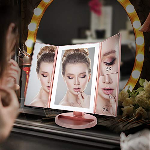 WEILY Lighted Vanity Makeup Mirror 1x/2x/3x Magnification Trifold with 36 LED Lights Touch Screen and USB Charging, 180 Degree Adjustable Stand for Countertop Cosmetic Makeup Mirror(Rose Gold)