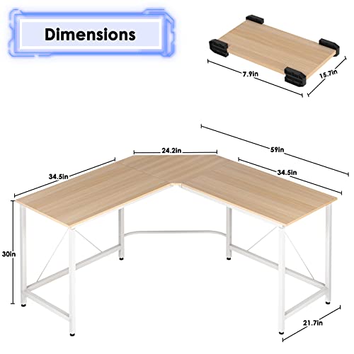 soges L-Shaped Desk 59 x 59 inches Large Computer Desk Corner Desk Office Desk Computer Table, White Oak CS-ZJ02-MO