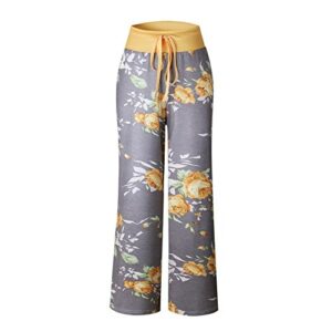 iChunhua Women's Comfy Stretch Floral Print Drawstring Palazzo Wide Leg Lounge Pants(S,Yellow)